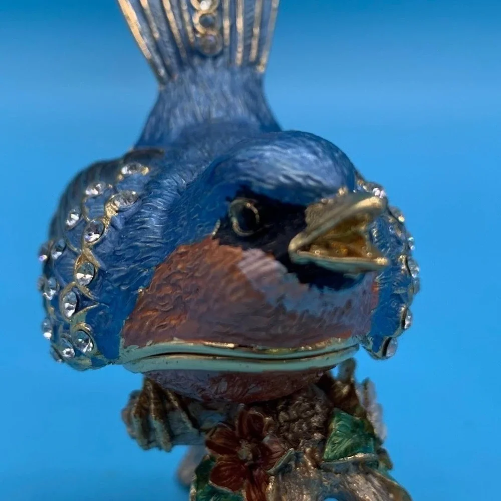 Vintage Bluebird Enamel Hinged Collectible Jewelry Trinket Box
